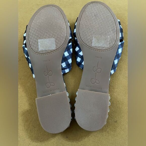 NWOT Jessica Simpson Sashara Blue & White Checked Slides Rhinestone Heels 7.5 - Picture 6 of 7
